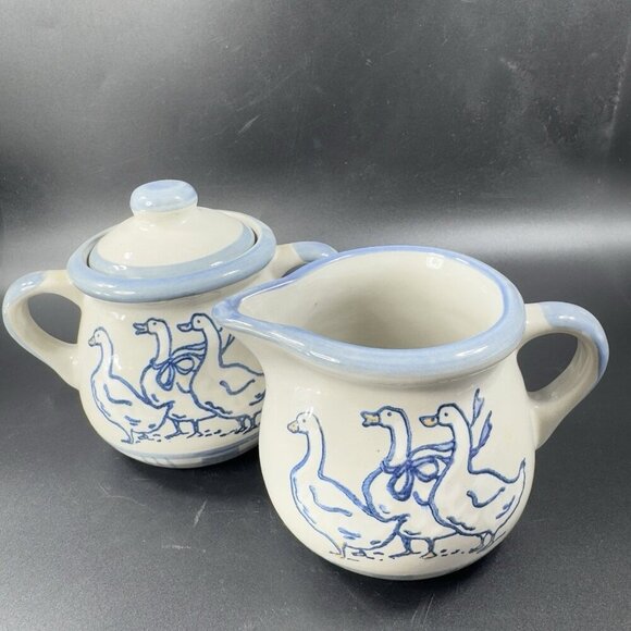 LOUISVILLE Stoneware Sugar Bowl Creamer Set Gaggle of Geese Pottery Set 2 USA - Picture 15 of 15
